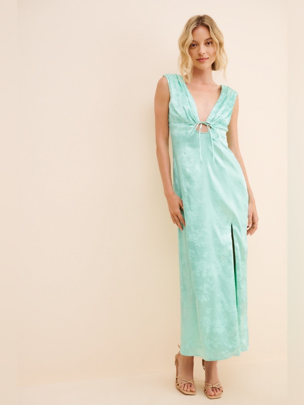 Anthropologie Mint green Satin Maxi Dress with Keyhole front size small